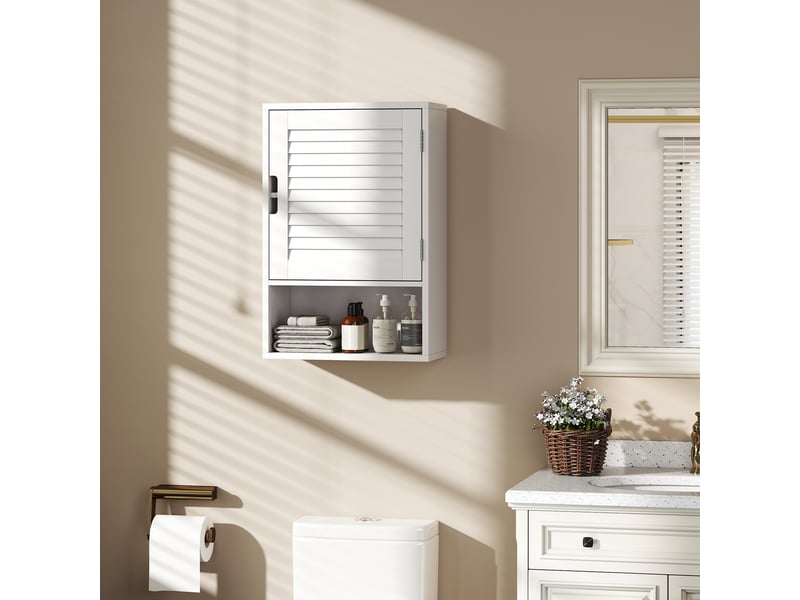  Armoire murale de salle de bain avec porte à lattes, étagère réglable et compartiment ouvert, 40x20x60cm, blanc  - Conforama C