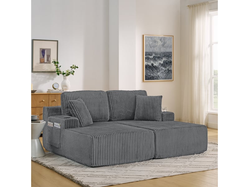  Canapé relax 2 places, canapé lounge, 186x154x78 cm, canapé compressé sans cadre, porte-gobelet, poche latérale, coussins, velours côtelé gris  - Conforama D