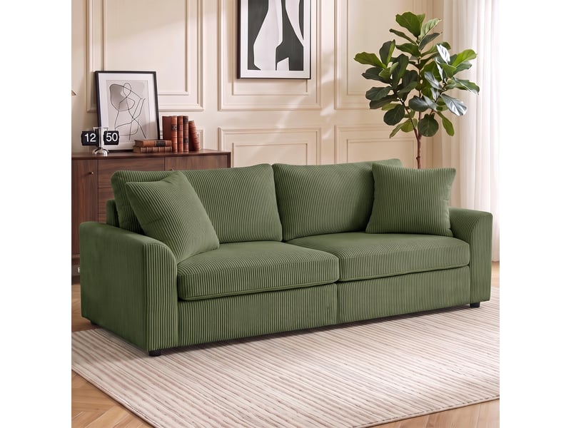  Canapé 3 places 212 cm avec 2 coussins à ressorts, tissu velours côtelé, pour salon, bureau à domicile, chambre, vert  - Conforama D