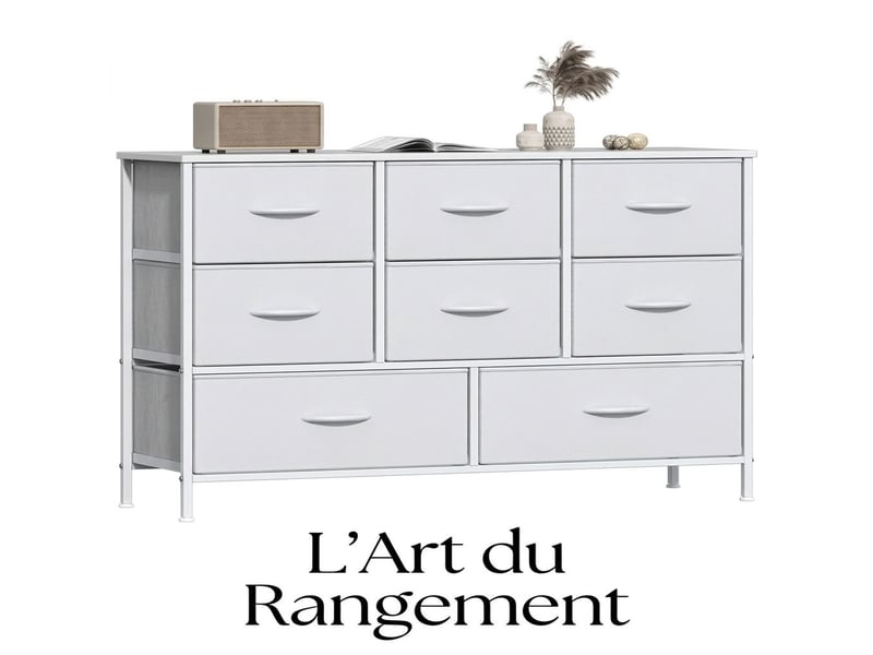  Chiffonnier meuble 100x30x76 cm huit tiroirs tissu blanc et metal blanc chambre  - Conforama A