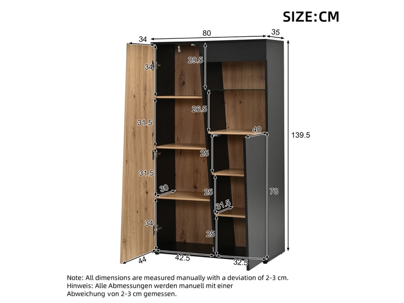  Vitrine haute 80x35x139,5 cm avec led, portes vitrées, étagères réglables en verre trempé, meuble de rangement mdf noir et bois OMNIGLINT TRADING LTD - Conforama C