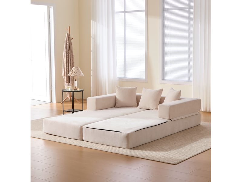 Canapé droit modulable 2 places en tissu beige avec poches latérales et base antidérapante, pour votre salon - Conforama E
