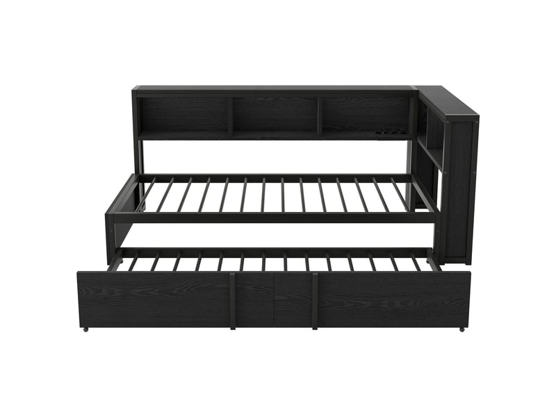  Lit gigogne avec rangement 90 x 200 cm rangements intégrés structure en métal extractible éclairage led ports usb coloris noir  - Conforama E