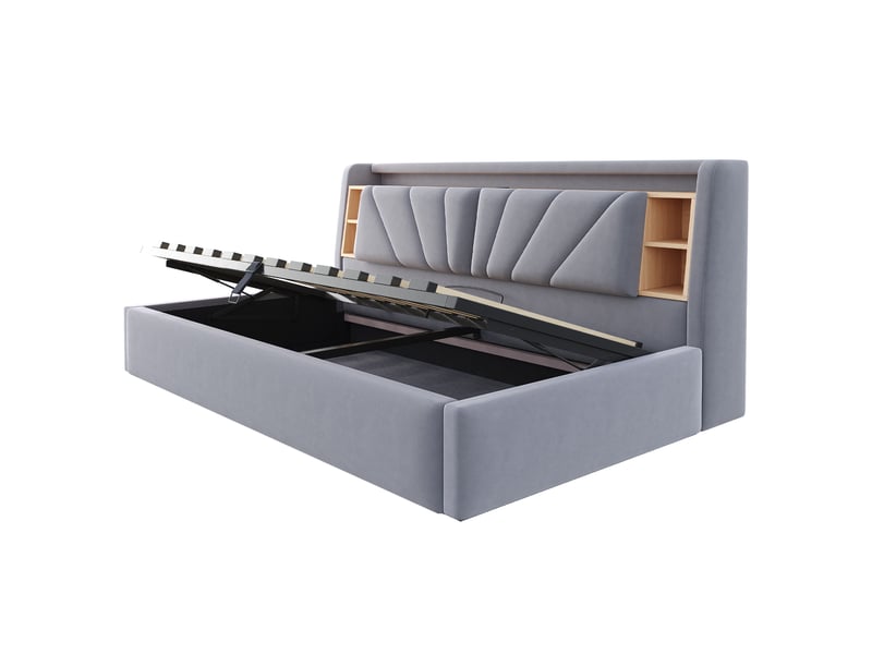  Lit banquette 90 × 200 cm, coffre hydraulique, led, usb, dossier avec étagères et rangements, velours gris foncé  - Conforama E