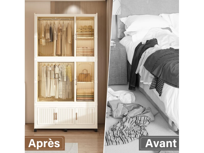  Armoire pliable modulable 92 x 45 x 196 cm – beige – 9 portes magnétiques et roulettes verrouillables  - Conforama E