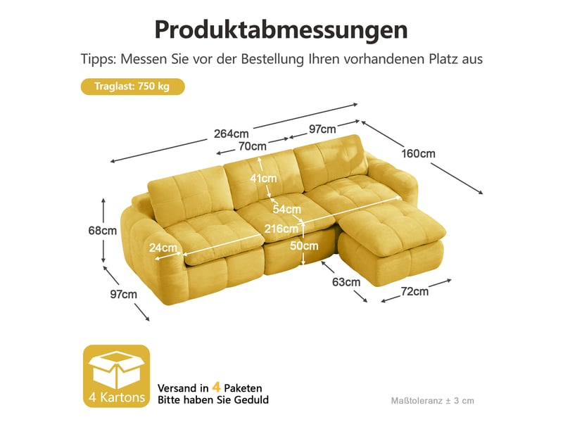  Canapé d’angle modulable 3 places en chenille jaune – 264 x 160 x 68 cm Fay Lum - Conforama C