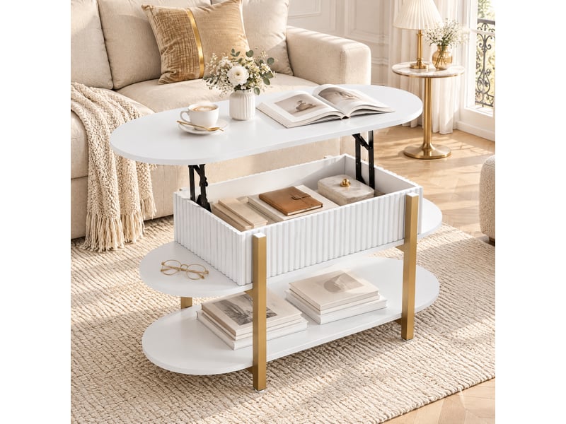  Table basse ovale relevable salon - rangement caché - 2 étagères ouvertes, table basse style crème minimaliste - panneaux cannelés verticaux, table basse multifonction à plateau réglable en hauteur pour salon - blanc  - Conforama E