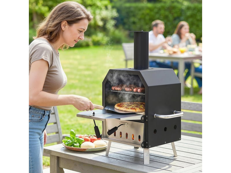  Four à pizza extérieur à bois et charbon 2 étages combiné barbecue fumoir pierre de 30 cm et pelle portable noir  - Conforama C