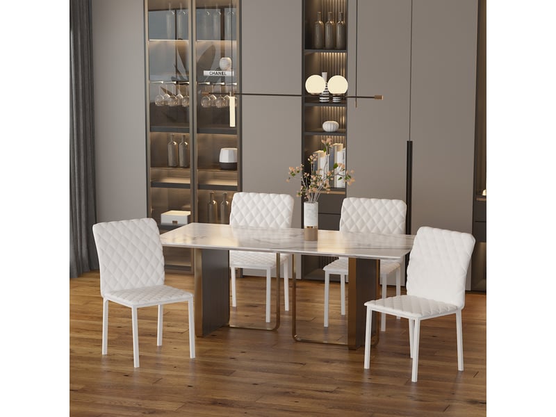  Lot 4 chaises salle à mangercuisine modernes, dossier haut surpiqûres losange, similicuir, pieds acier, blanches.  - Conforama C