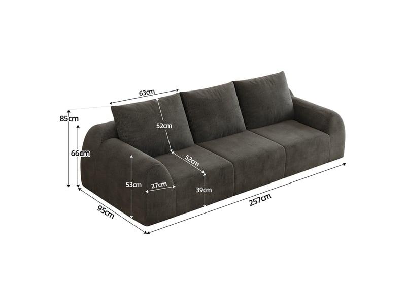  Canapé compressé 3 places, 257 x 95 x 85 cm, mousse haute élasticité, sans montage, tissu chenille, gris foncé  - Conforama C