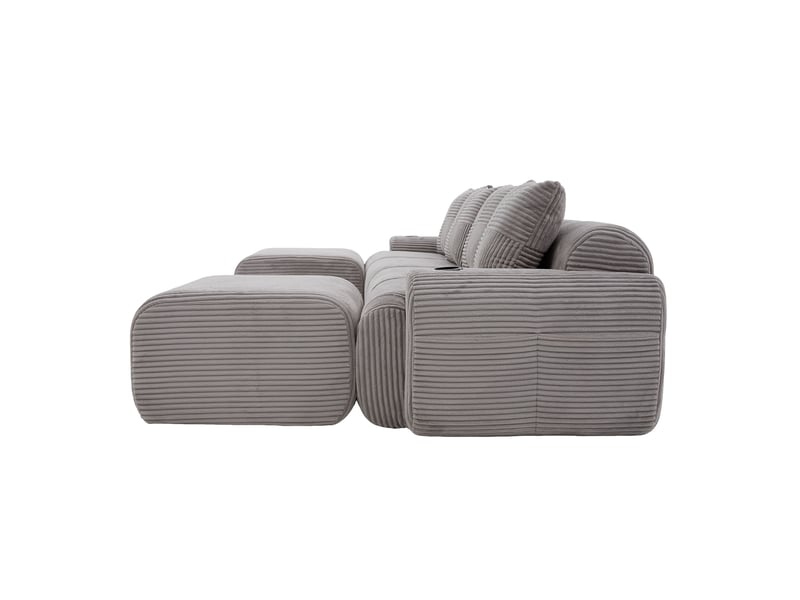 Canapé modulaire 4 places en velours côtelé avec 2 poufs, porte-gobelets, gris clair - Conforama D