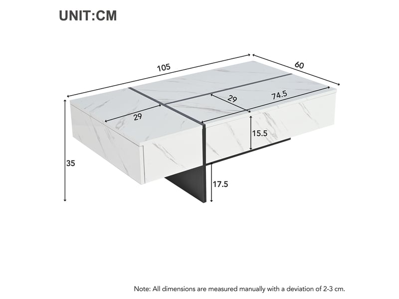 Table basse blanche finition brillante avec led et 3 tiroirs 105x60x35cm motif marbre - Conforama C