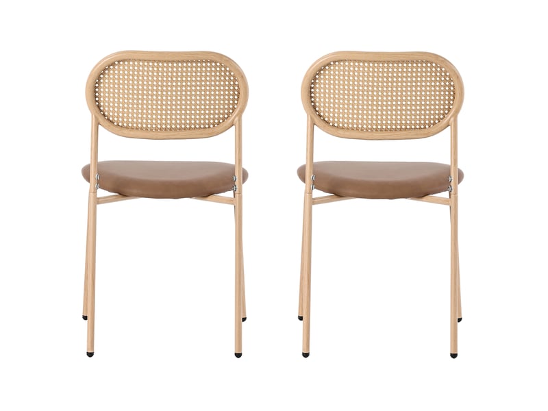  Lot de 2 chaises de salle à manger 46x48x80 cm marron, dossier en rotin, pieds en métal et assise pu  - Conforama E