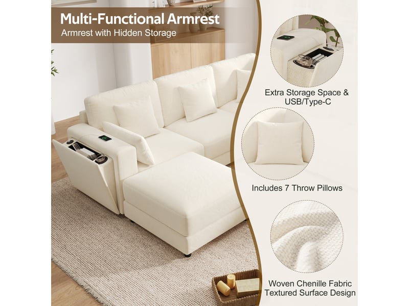 Canapé modulable 6 places d'angle en ul beige tissu chenille avec usbtype-c, rangement et porte-gobelet - Conforama D