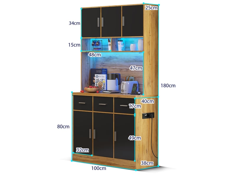  Buffet de cuisine avec éclairage led, tiroirs et étagères réglables, prises électriques – meuble moderne  - Conforama C