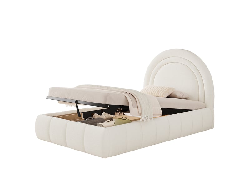  Lit enfant 90x200 lit coffre avec rangement tissu bouclette beige  - Conforama A