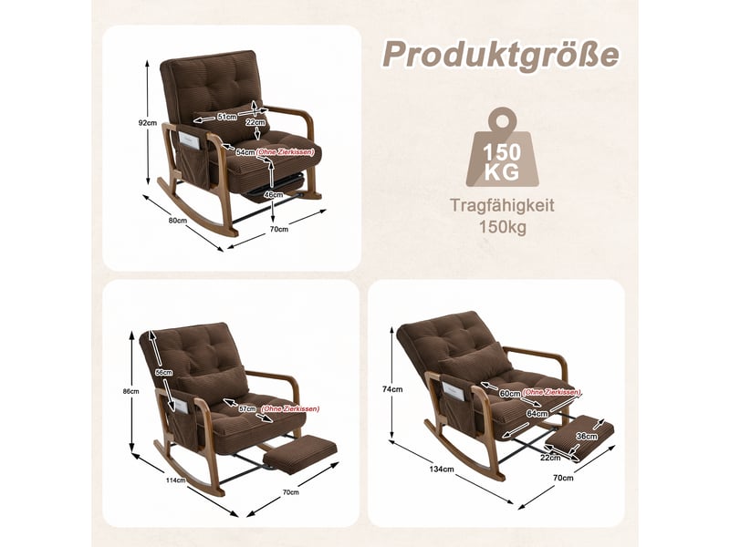  Fauteuil à bascule moderne en velours côtelé marron avec repose-pieds et coussin lombaire  - Conforama C