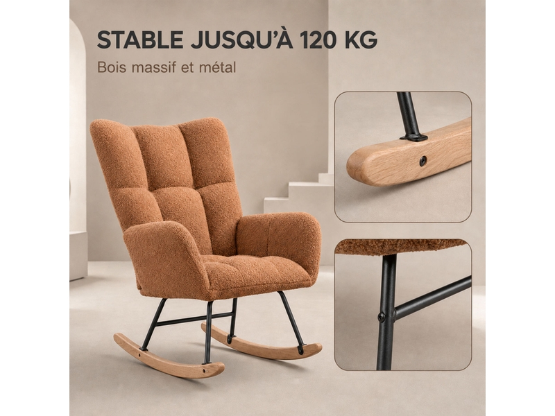  Fauteuil à bascule teddy marron, fauteuil rocking‑chair ergonomique avec dossier haut et accoudoirs rembourrés, base en bois massif, chaise de relaxation pour salon, chambre et chambre bébé  - Conforama C