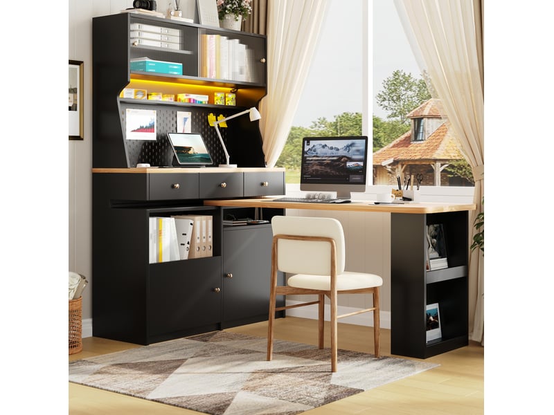  Vitrine haute modenvie avec bureau et bar led app, portes vitrées, étagères réglables, mdf et verre, noir  - Conforama B