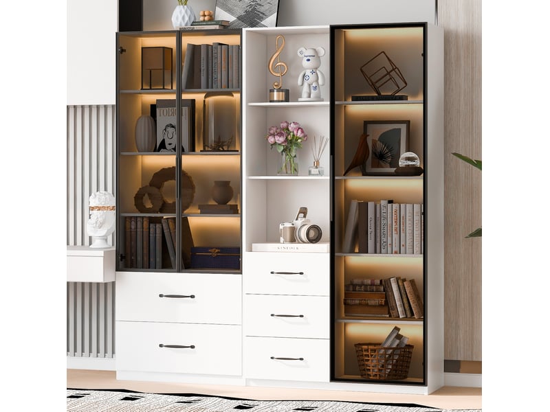  Vitrine led 140 x 40 x 160 cm blanche en panneau de particules, meuble modulaire avec rangements et éclairage  - Conforama B