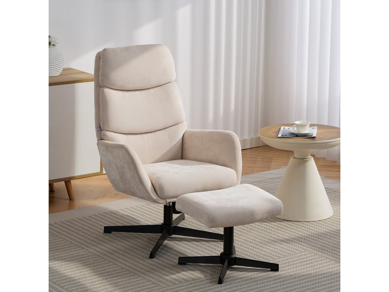  Fauteuil rembourré avec repose-pieds, fauteuil lounge à dossier haut, piètement en métal, pour salon, chambre, beige  - Conforama D
