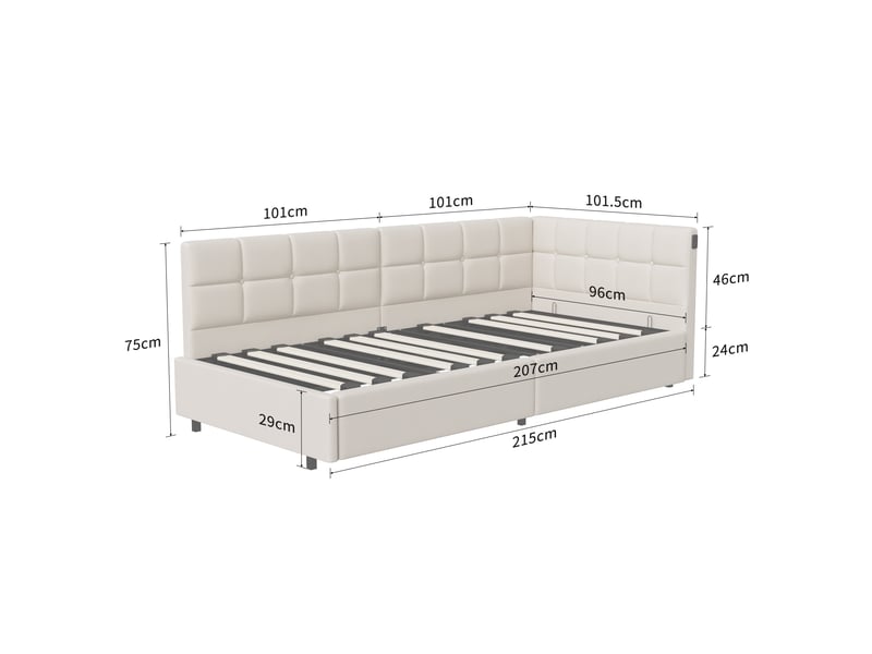 Lit banquette 90x200 cm avec led rgb et usb chargeur, lit jeune avec rangement et tête de lit rembourrée lit simple pour ado avec cadre de lit à lattes beige velours, sans matelas - Conforama C