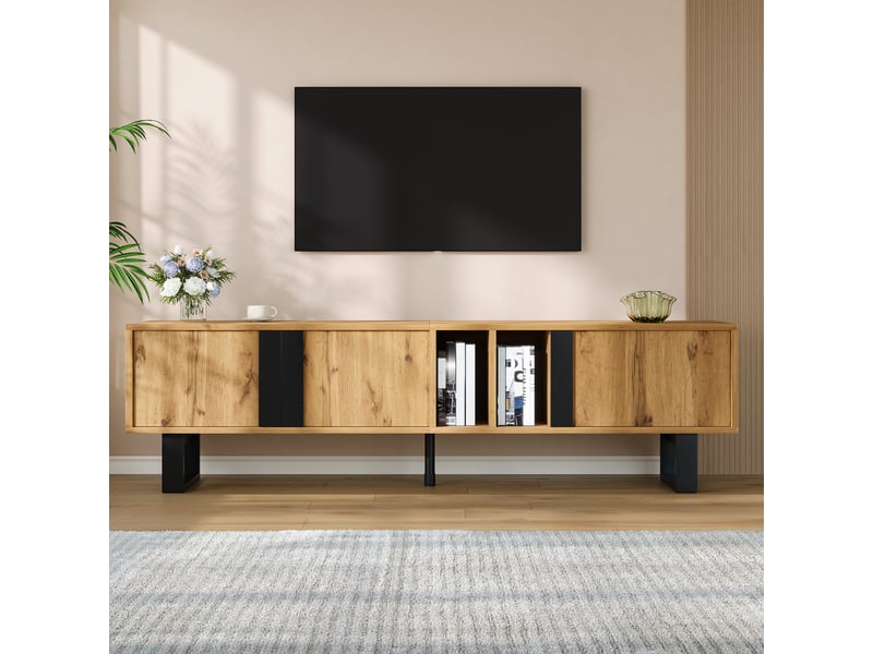  Meuble tv 160 cm, banc tv industriel métal et bois, meuble tv bois naturel avec 3 portes et pieds en fer noir pour salon  - Conforama R