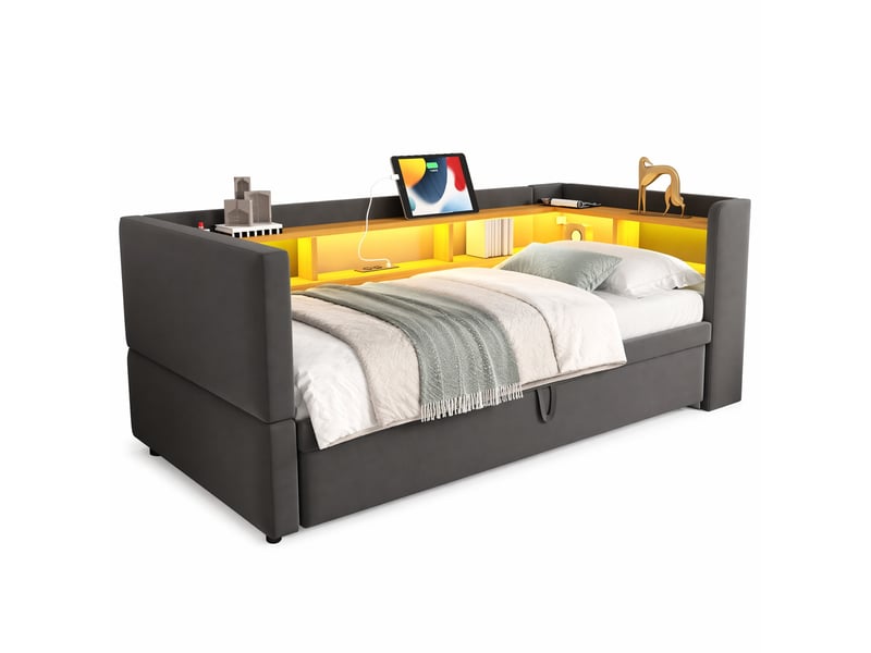  Canapé-lit extensible 90180 x 190 cm gris foncé avec led, prises et étagères  - Conforama A