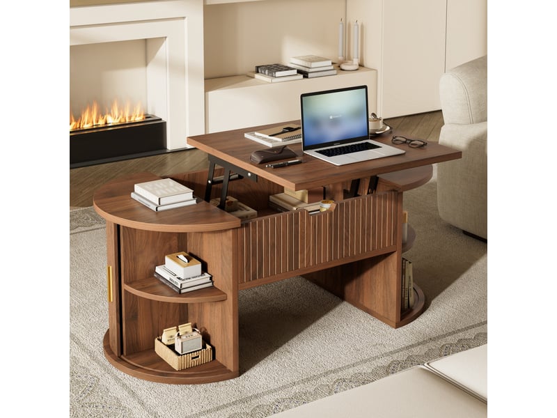  Table basse relevable avec 1 tiroir, niches ouverte, 4 tabourets de rangement et panneaux de particulespour, salon, mdf,blanc, 100 × 50 × 43 cm  - Conforama D