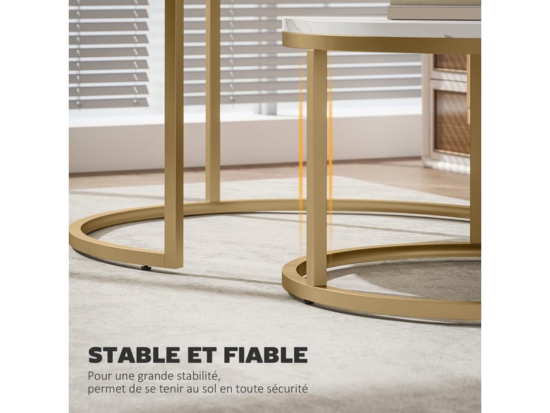  Lot de 2 tables basses gigognes empilable design industriel pieds en métal blanc plateau imitation ciment  - Conforama R