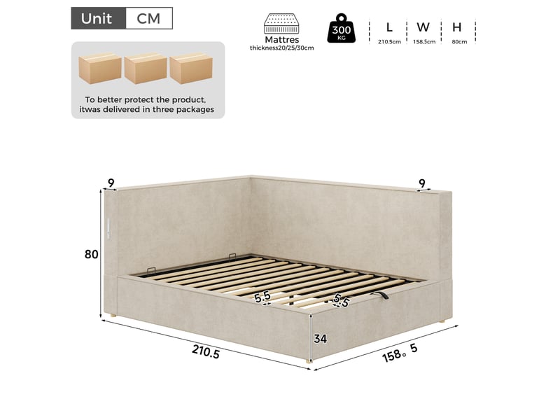  Lit banquette 140x190 cm, lit coffre avec rangement, led et usbtype-c, chenille beige, sans matelas  - Conforama C
