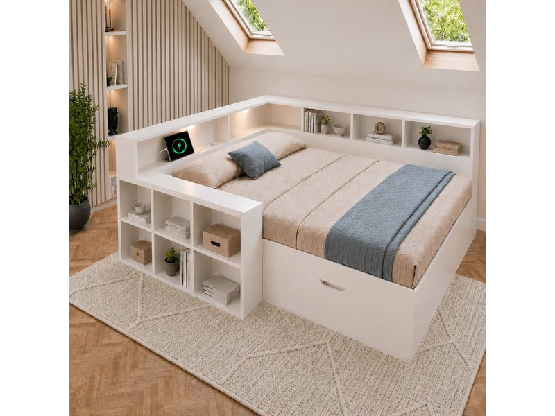 Lit double avec rangement 140 x 190 cm blanc en bois, éclairage de lecture et ports usb type c intégrés - Conforama B