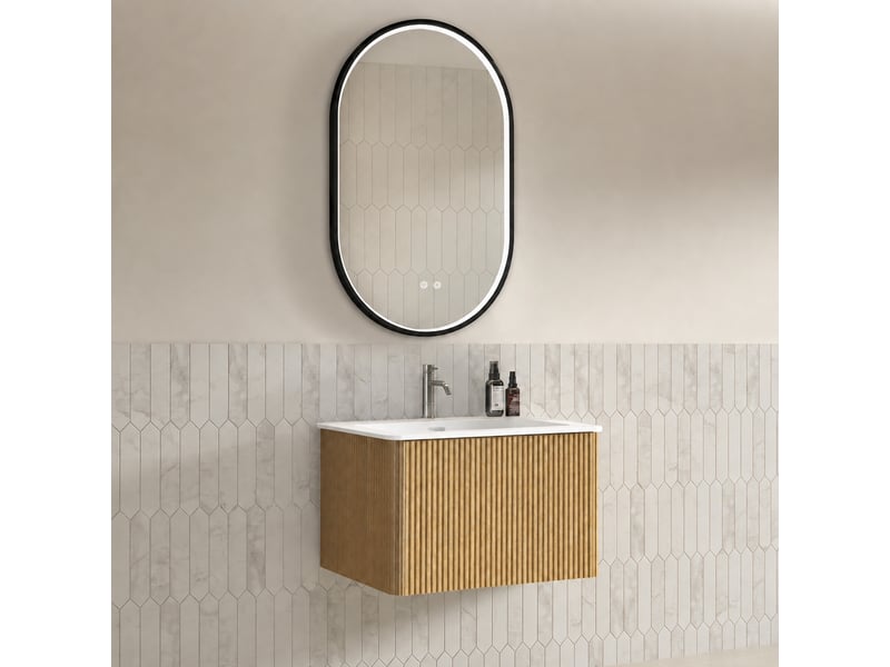  Meuble vasque suspendu 60 cm avec vasque intégrée et miroir led ovale antibuée 50 x 80 cm, chêne  - Conforama D