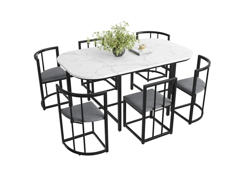  Ensemble de table et 6 chaises moderne blanc, gris et noir en mdf et métal, assises en velours pour vos repas  - Conforama A