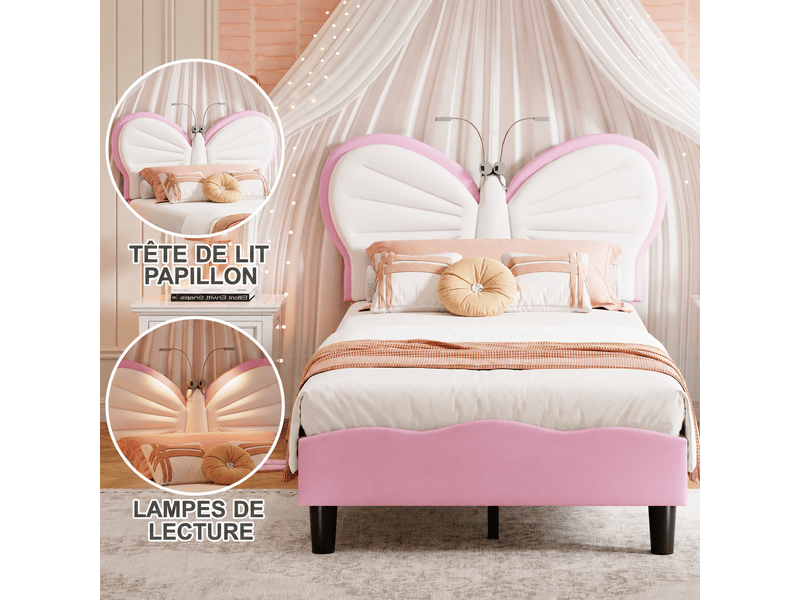  Lit enfant 90x200 avec liseuse, lits 1 personne avec tête de lits réglable en hauteur en forme de papillon, lit capitonné pour fille adolescent, velours, sans matelas (blanc + rose)  - Conforama E