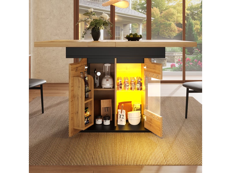  Table de cuisine rectangulaire avec allonge naturel+noir - 80x110-140max.cm led mdf table bicolore - Conforama E