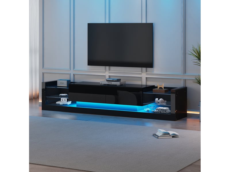  Meuble tv noir brillant avec éclairage led et façade en verre 181 x 38 x 38 cm  - Conforama C