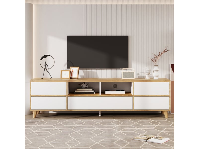  Meuble tv blanc et bois 175 cm style campagne avec 4 portes  - Conforama B