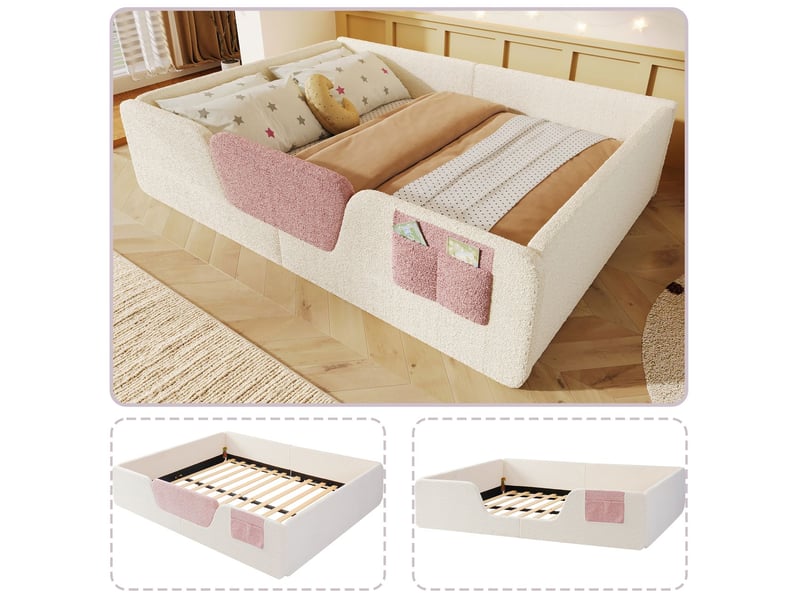  Lit 140 x 190 cm, velours beige lit double, barrières de sécurité amovibles, poche de rangement intégrée  - Conforama A