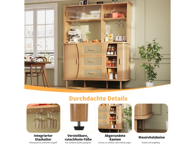 Buffet haut 174,5 cm en bois naturel, look rotin, portes coulissantes en verre, rangement cuisine - Conforama E