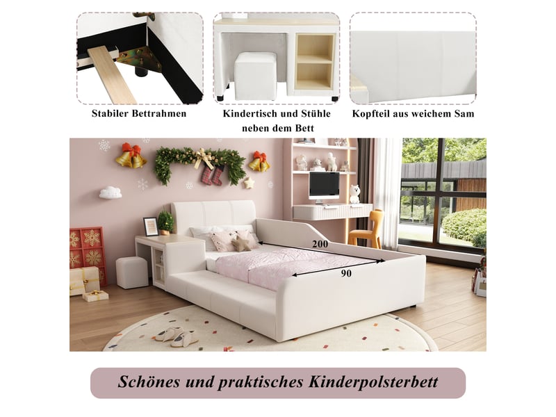 Lit rembourré- lit simple 90x200cm- lit d'enfant avec bureau d'enfant- tabouret et lattes en bois- velours- blanc - Conforama D