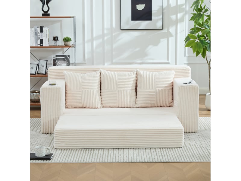  Canapé 3 places modenvie modulable en velours côtelé beige avec porte-gobelets et poches latérales, design sans cadre, 172 x 87 x 64 cm  - Conforama E