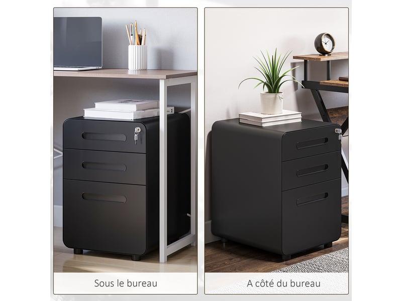 Caisson bureau mobile verrouillable avec 3 tiroirs pour format a4, lettre, 39 x 48 x 59 cm, légal, noir  - Conforama W