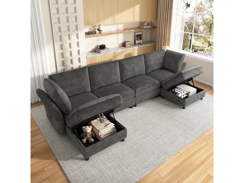  Canapé d’angle modulable ul 6 places 289 x 137 x 84 cm, 2 poufs coffres, tissu chenille, assise moelleuse - gris  - Conforama C
