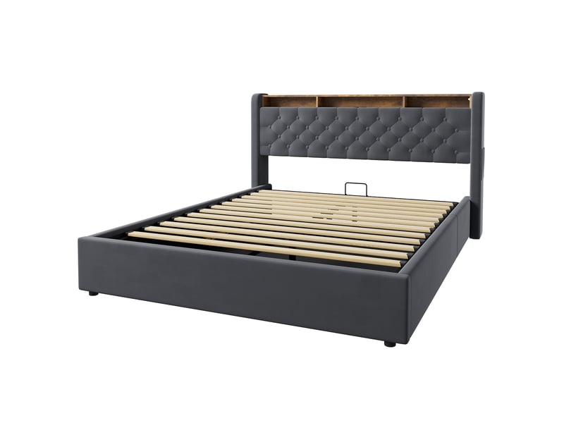  Lit double 160x200 cm avec rangement sous le lit et tête de lit avec étagère gris foncé homvra  - Conforama A