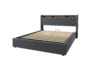 Lit double 160x200 cm avec rangement sous le lit et tête de lit avec étagère gris foncé homvra