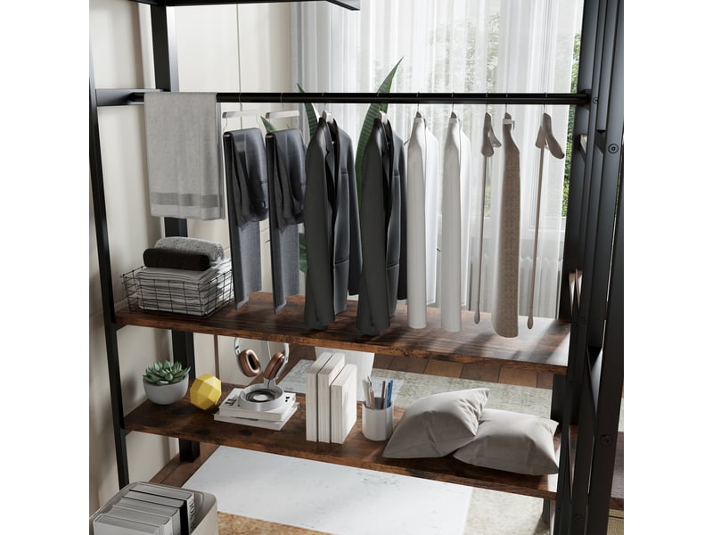  Lit mezzanine 120x200 cm - avec bureau intégré et étagères, rangement pratique, métal et bois vintage, lit mezzanine enfant, noir et bois vintage, sans matelas  - Conforama D