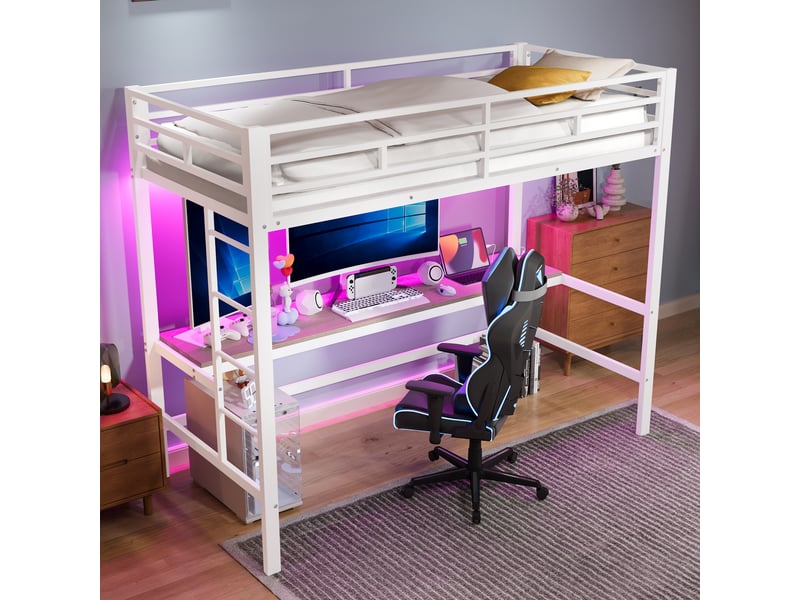  Lit superposé enfant 90*200 cm, coloris blanc, sans matelas, cadre en métal, ruban led, ports usb, garde-corps, en747  - Conforama C