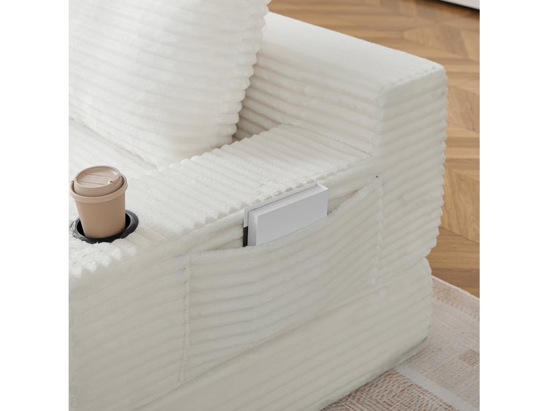 Canapé droit convertible 2 places en velours côtelé beige 180 x 85 x 62 cm avec porte-gobelets et rangements - Conforama D