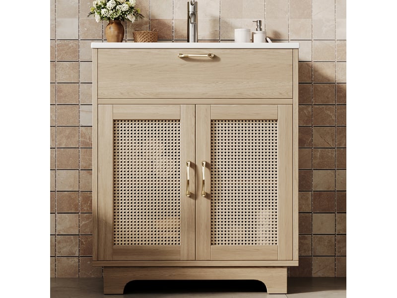  Meuble vasque salle de bain sur pied 76x46x88 cm – naturel – rangement intégré et portes effet rotin  - Conforama D